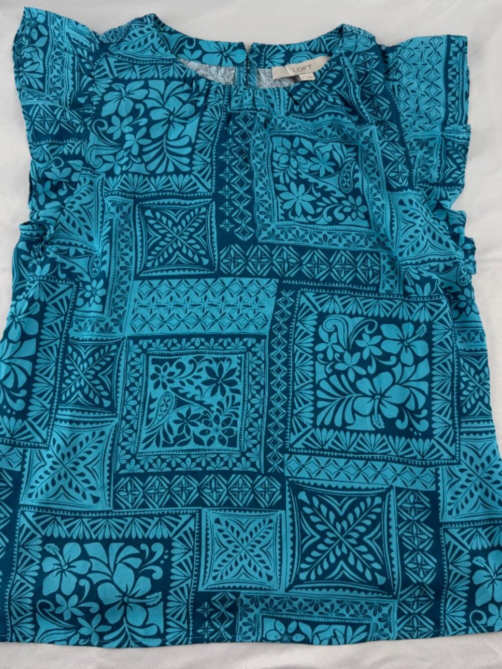 LOFT Blue Floral Patchwork Print Ruffle Sleeve Blouse Top Shirt Small S